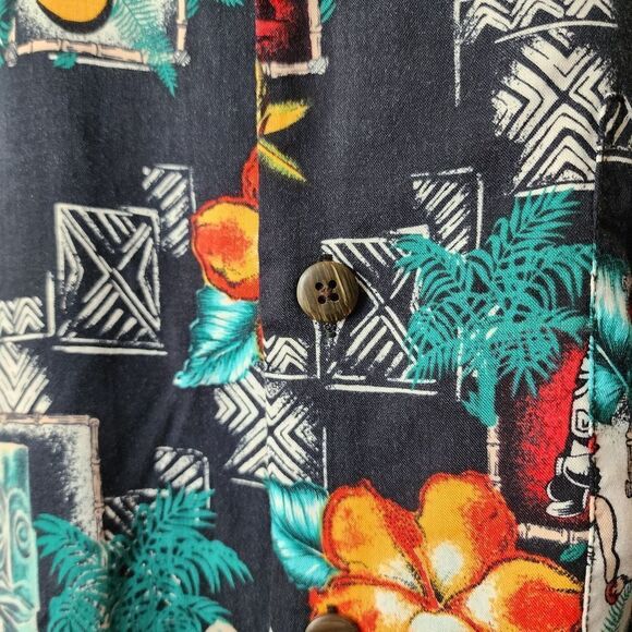 Aloha Shirt Mens Large Multicolor Tiki Hula Girl Ukuleles Short Sleeve Button Up - Picture 5 of 8